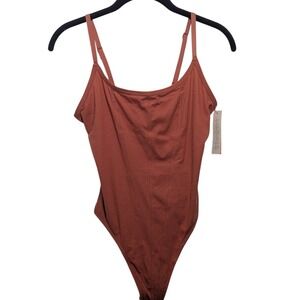 Colsie Ribbed Bodysuit Womens Medium Brown NEW Adjustable Straps Square Neck‎